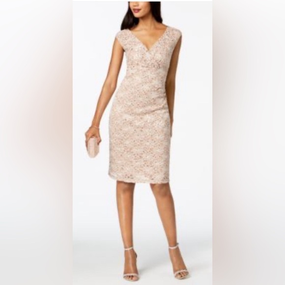 connected apparel Dresses & Skirts - CONNECTED V-Neck Sequined Lace Dress Light Pink Size 12